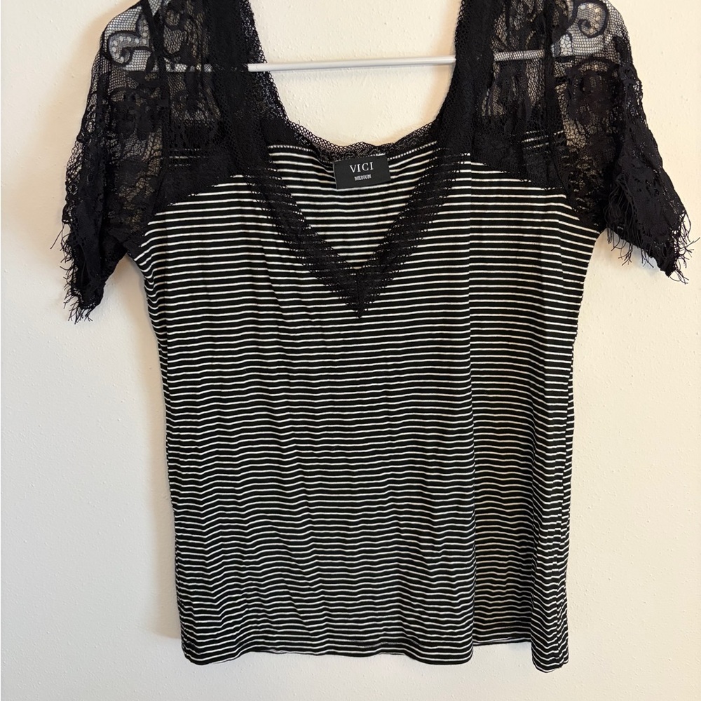 Vici Monochrome Striped Lace Blouse